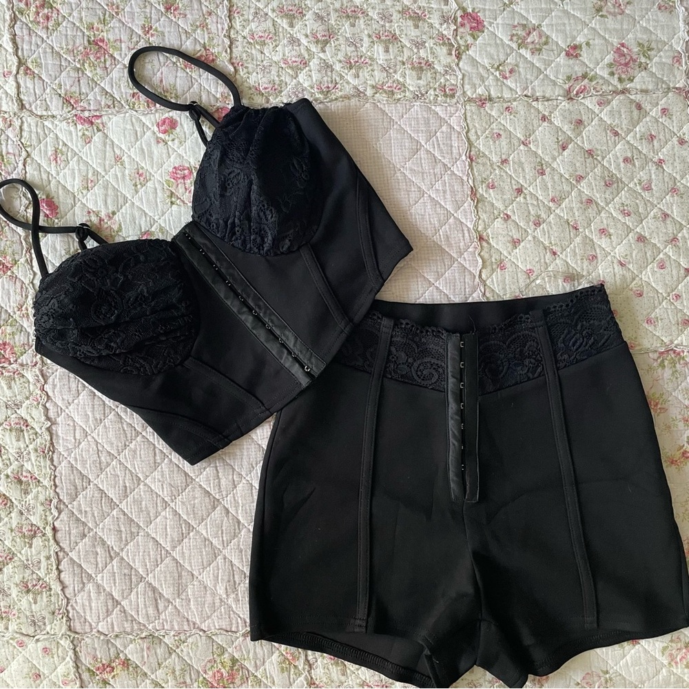 Black lingerie chic lace corset top and shorts set